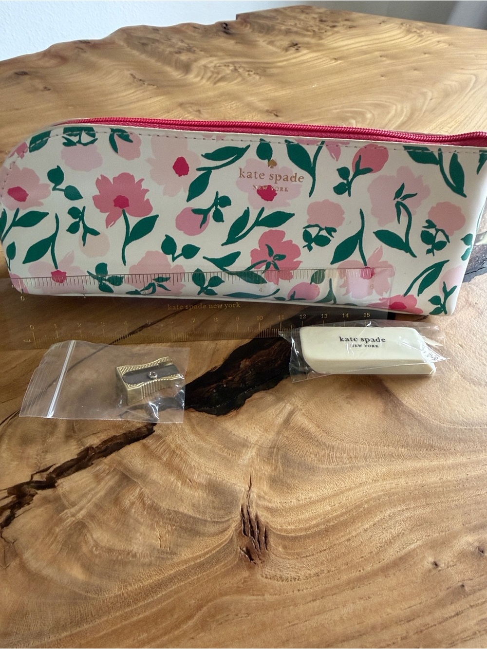Kate Spade Pink Floral Zip Pencil Pouch with ruler, eraser, and pencil sharpene